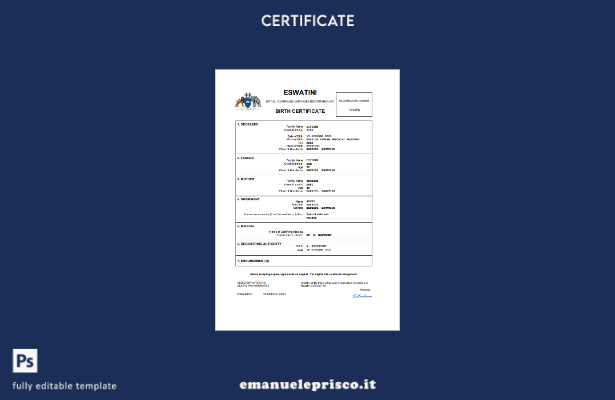 certificato di nascita Eswatini in stile verificato modello Word e PDF